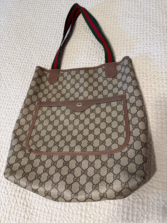 Gucci Handbags - Gucci Brown Beige GG Canvas Tote with Red-Green Web Straps